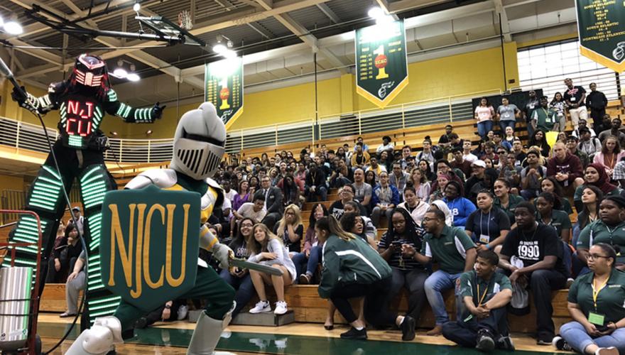 NJCU athletic rally with the Gothic Knights mascot