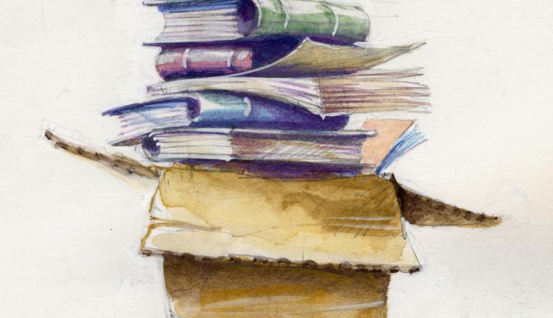 Watercolor image of cardboard box with 6 books piling out of the top