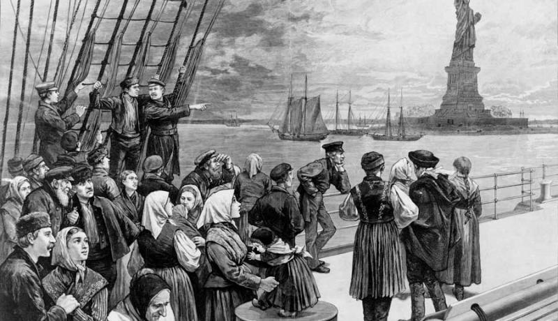 Drawing of immigrants on ship approaching the Statue of Liberty