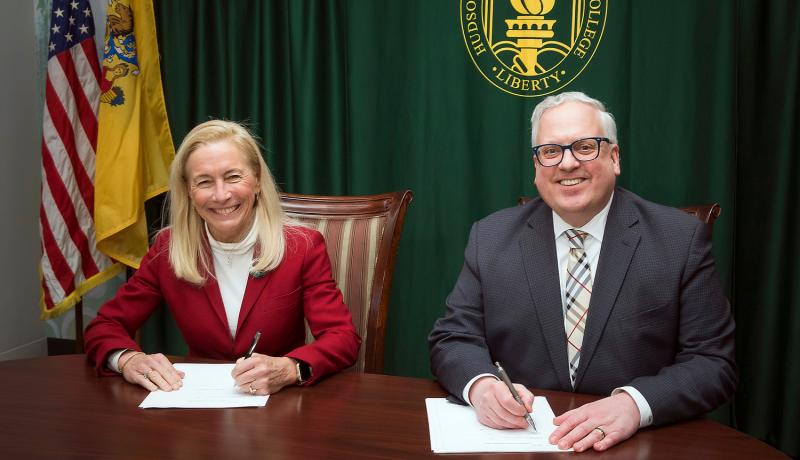 NJCU president Dr. Sue Henderson and HCCC President Dr. Chris Reber and members of their faculties and staffs were part of the signing ceremony.