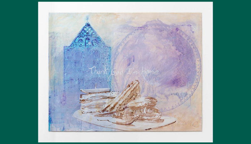 Julie Green, Thank God I’m Home said Marcel Brown, 2019, acrylic on Tyvek, 35.5 x 46 in. Artwork © 2019 Julie Green