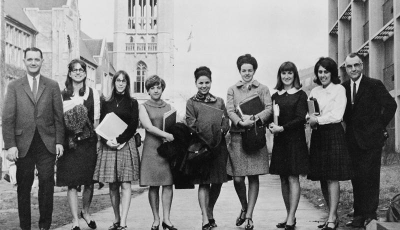 Students standing in front of Hepburn Hall in 1967