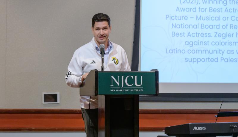 President Acebo speaking at the 2025 Hispanic Heritage Month opening ceremonies at NJCU.
