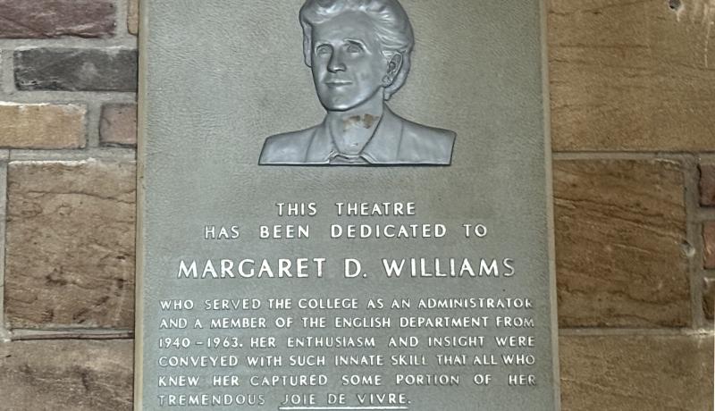 Plaque dedicated to Margaret Williams outside the Margaret Williams Theatre.
