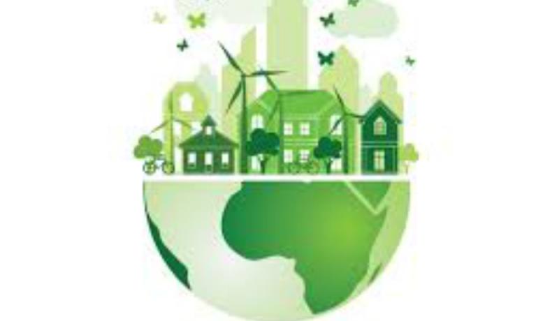 A logo depicting the earth's southern hemisphere as a green map and the north as a community with solar and wind power 