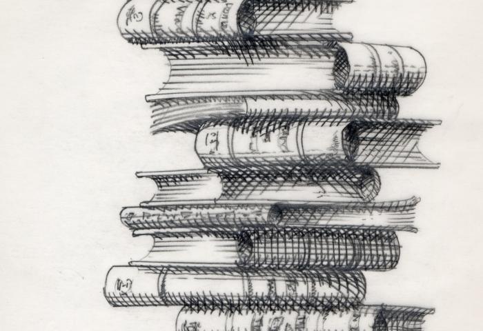 A pencil sketch of a stack of books.