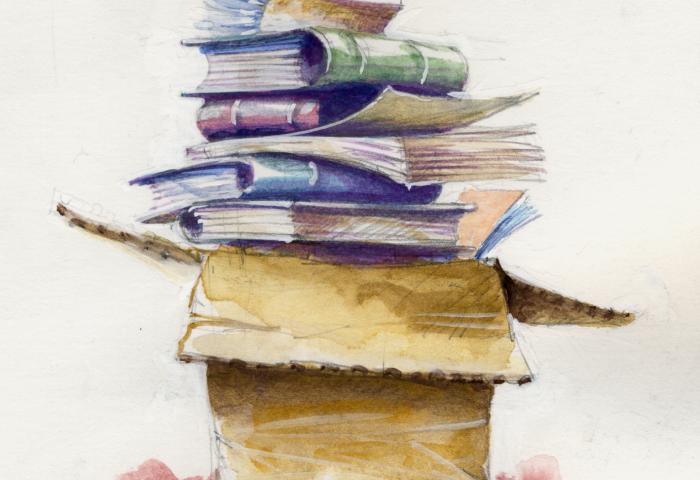 Watercolor image of cardboard box with 6 books piling out of the top