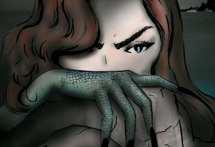 Cover of the commic book "Siren's Calling" depicting a woman with a green, scale-covered hand with long nails holding a human skull.