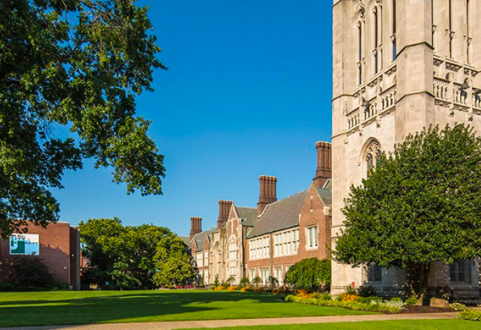 NJCU Campus depicting Hepburn hall tower and GRossnickle during daytime