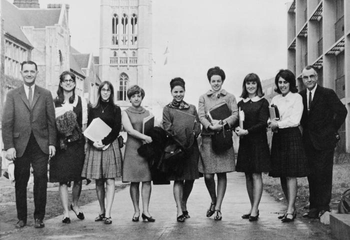 Students standing in front of Hepburn Hall in 1967