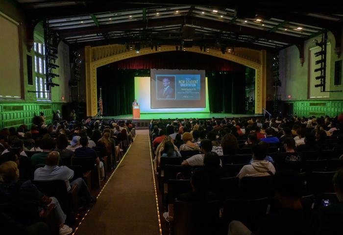 The Margaret Williams Theatre is full during Orientation 2025