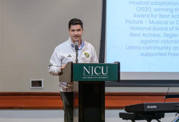President Acebo speaking at the 2025 Hispanic Heritage Month opening ceremonies at NJCU.