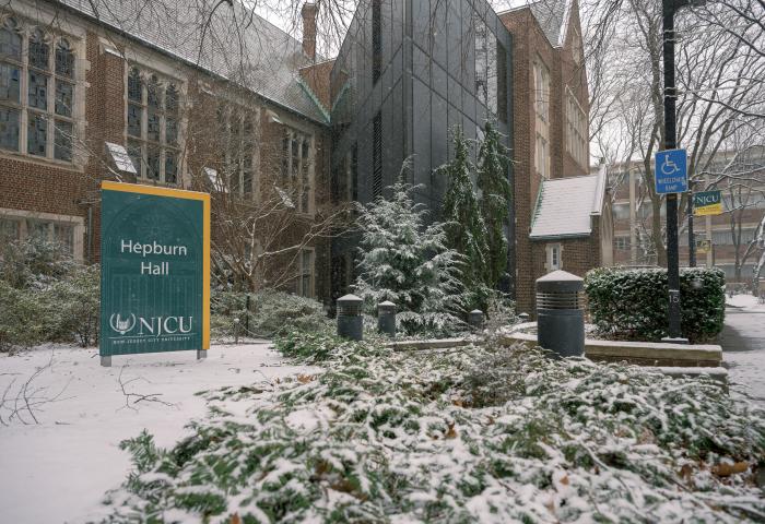 Hepburn Hall sign in the snow