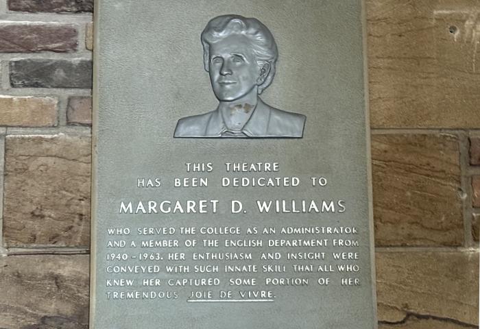 Plaque dedicated to Margaret Williams outside the Margaret Williams Theatre.
