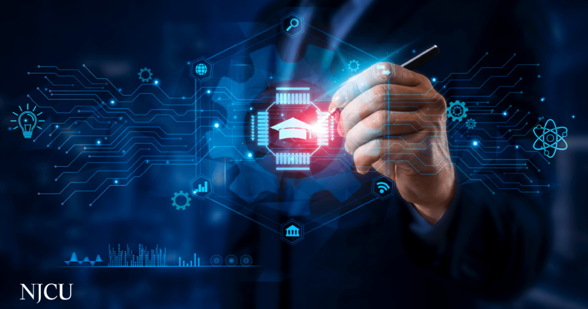 Abstract technology image with a hand pointing toward a graduation cap centered within the frame of a chiplet design to symbolize eduication in technology.