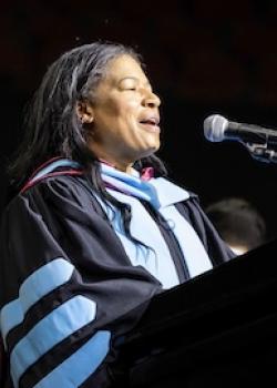 pia stevens at podium