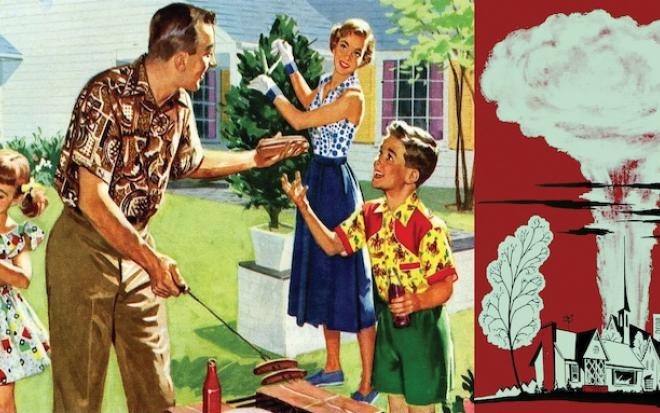 illustration of retro family and bomb cloud
