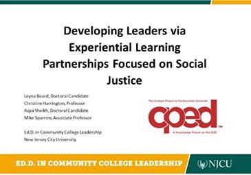 Cover image for presentation title "Developing Leaders via Experiential Learning Partnerships focused on Social Justice"