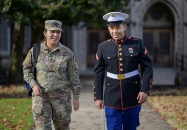 military male and female walk and talk