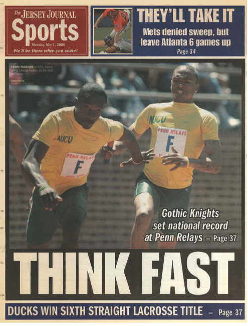 Cover of the Jersey Journal Sports showing 2 NJCU runners at the 2006 Penn Relays.