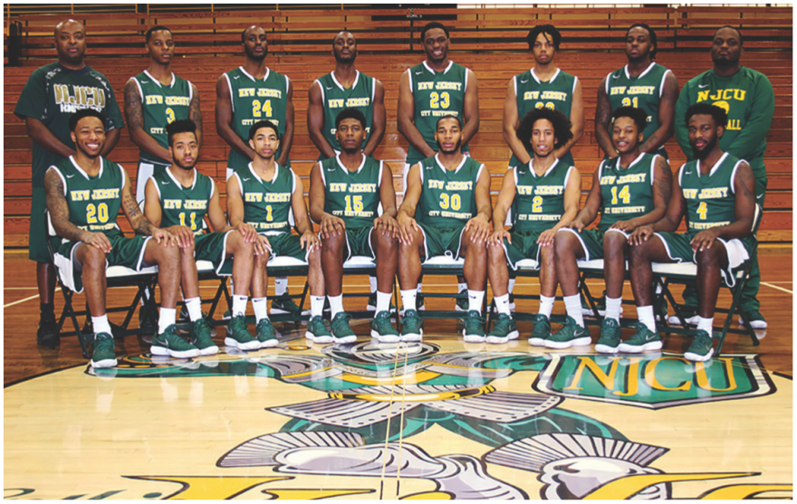 NJCU men's basketball team posed sitting and standing.