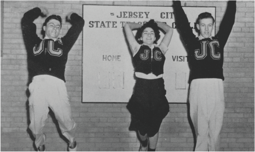 Jersey City University students jumping.