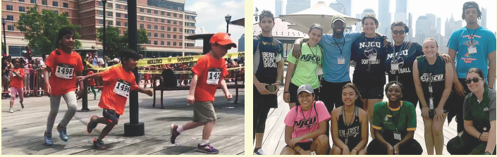 Children running and student athletes posing at the JC Kids Runa nd Fitness Fair.