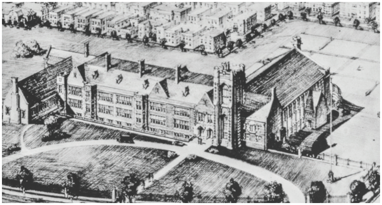 Drawing of original Jersey City State building and grounds.