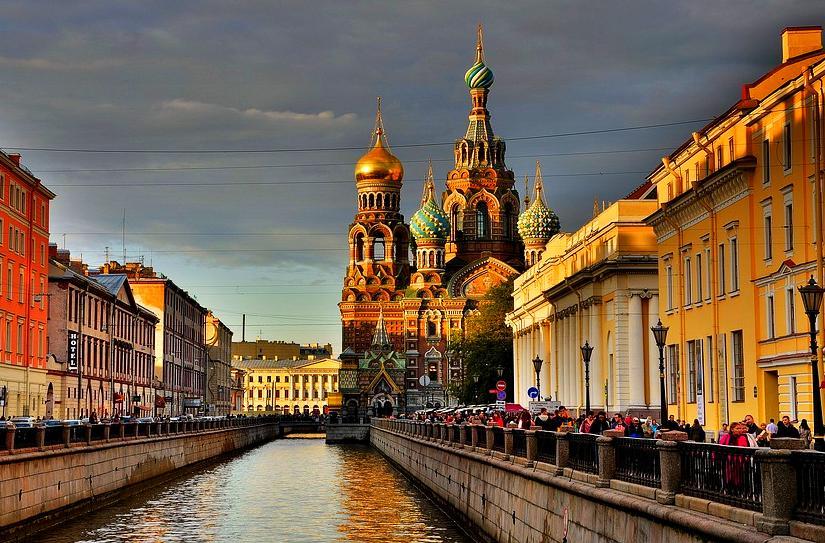 Griboyedov Canal and Church of the Savior on Spilled Blood in Saint Petersburg, Russia.