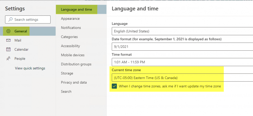 Outlook Time Zone and Language Settings