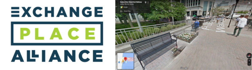 Exchange Place Alliance Logo & Google Maps photo of bench in downtown Jersey City