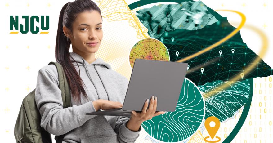 Young woman holding laptop with Geographic Information Science graphics in the background
