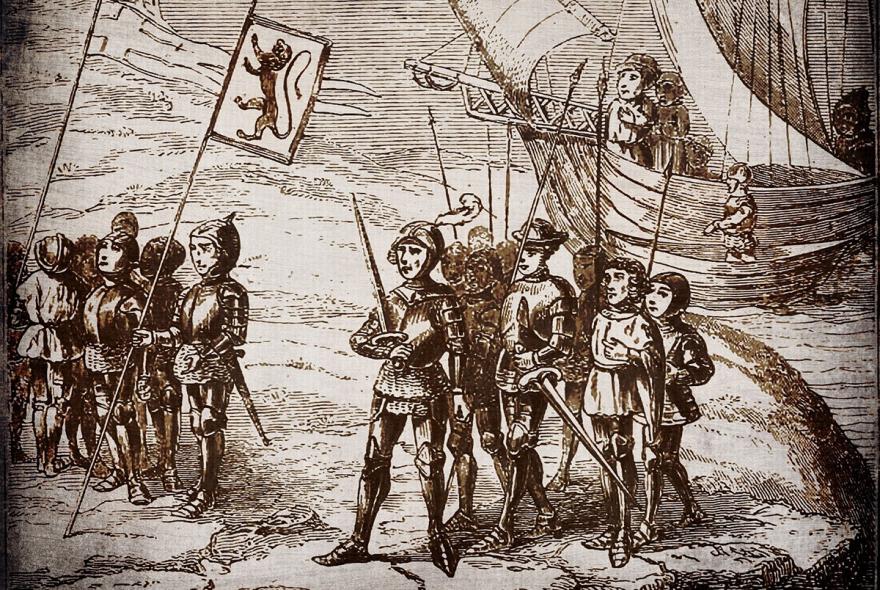 Historical etching of Iberia ship and army