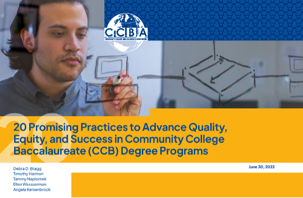 Cover for e-book outlining 20 Promising Practices to Advance Quality, Equity, and Success in Community College Baccalaureate (CCB) Degree Programs