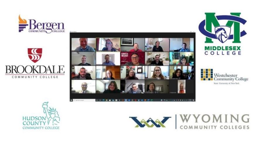 Logos of various academic institutions around a screenshot of individuals from a virtual meeting.