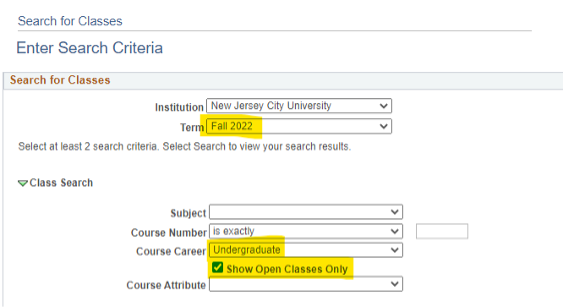 Example showing "Fall 2022" for the Term field, "Undergraduate for the Course career field, and the "Show Open classes only" checkbox as checked.