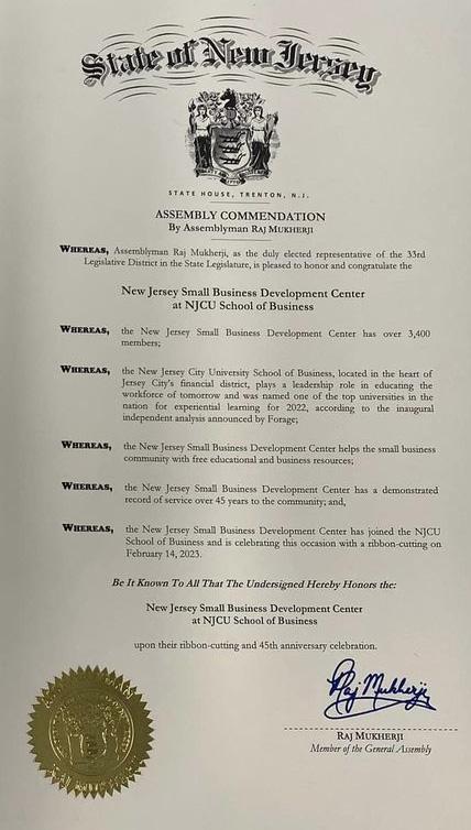 Resolution from the State Assembly to the NJSBDC at the NJCU School of Business