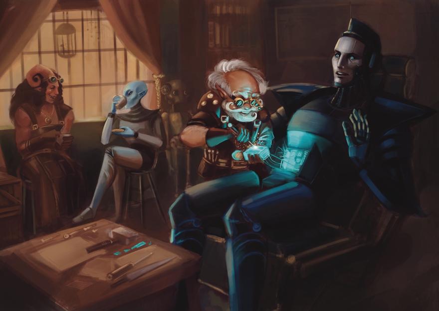 A gnome performs surgery on Theseus the cyborg