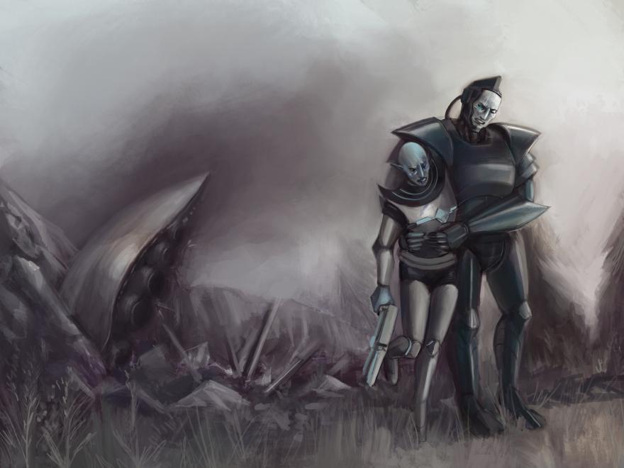 Image of a cyborg and alien limping from a crashed ship