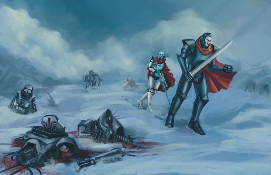 Theseus and Astraeus walking through a battlefield