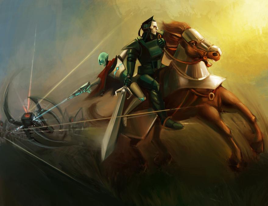 Theseus and Astraeus ride a horse away from a monster