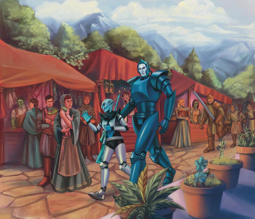 Theseus and Astraeus walking through a market place