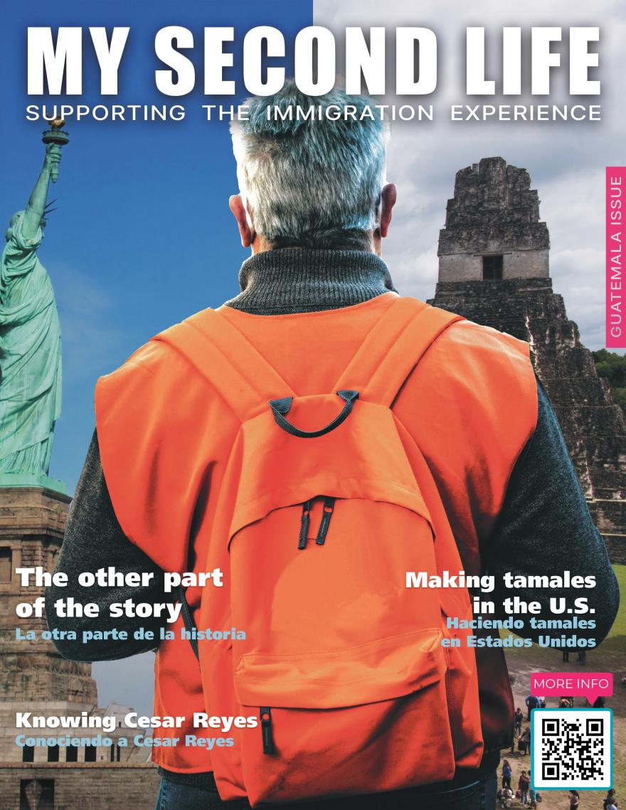 Man stands in front of a split screen of the statue of liberty and a south American building.