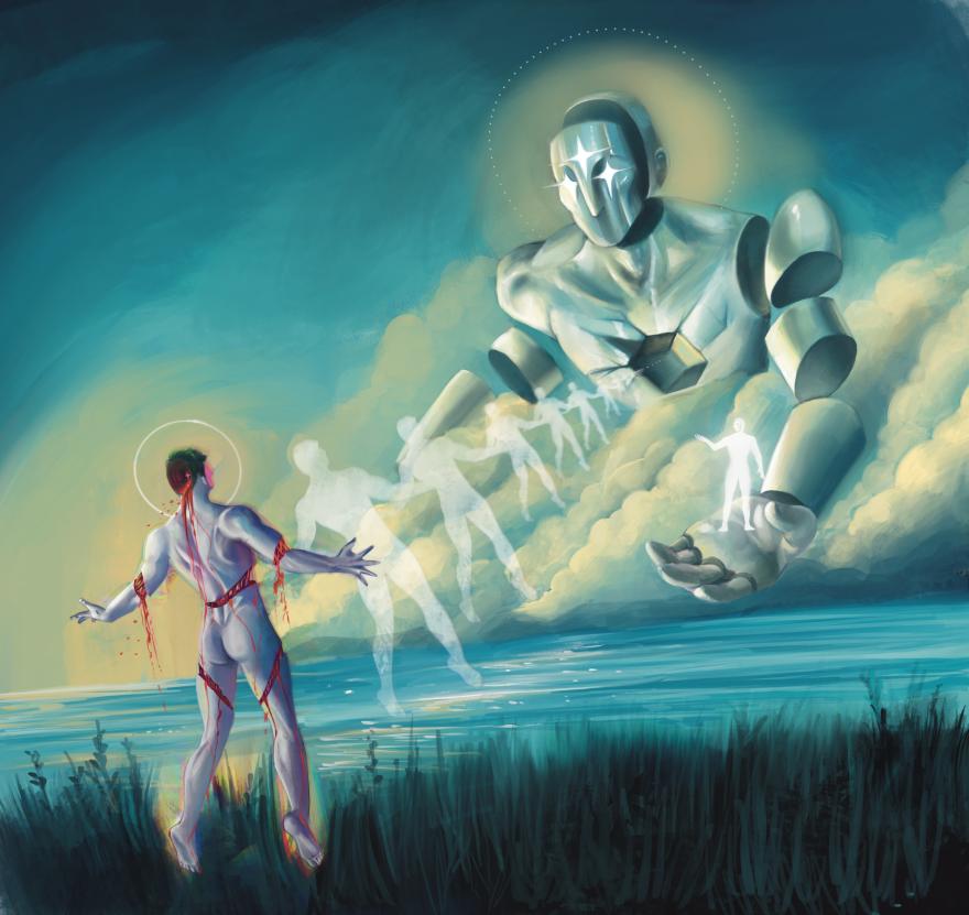 A bleeding man ascending