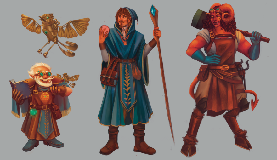 Fantasy character designs of three people and a mechanical bird