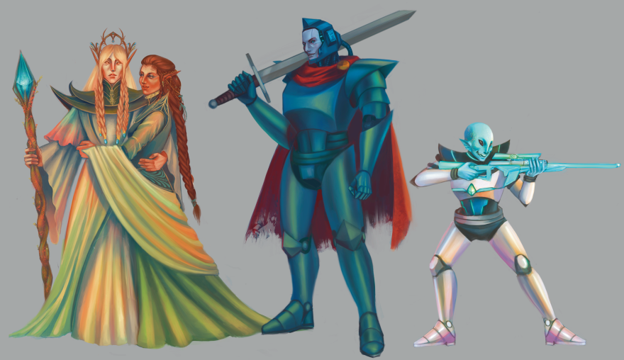 Fantasy character designs of a cyborg, alien, and two elves