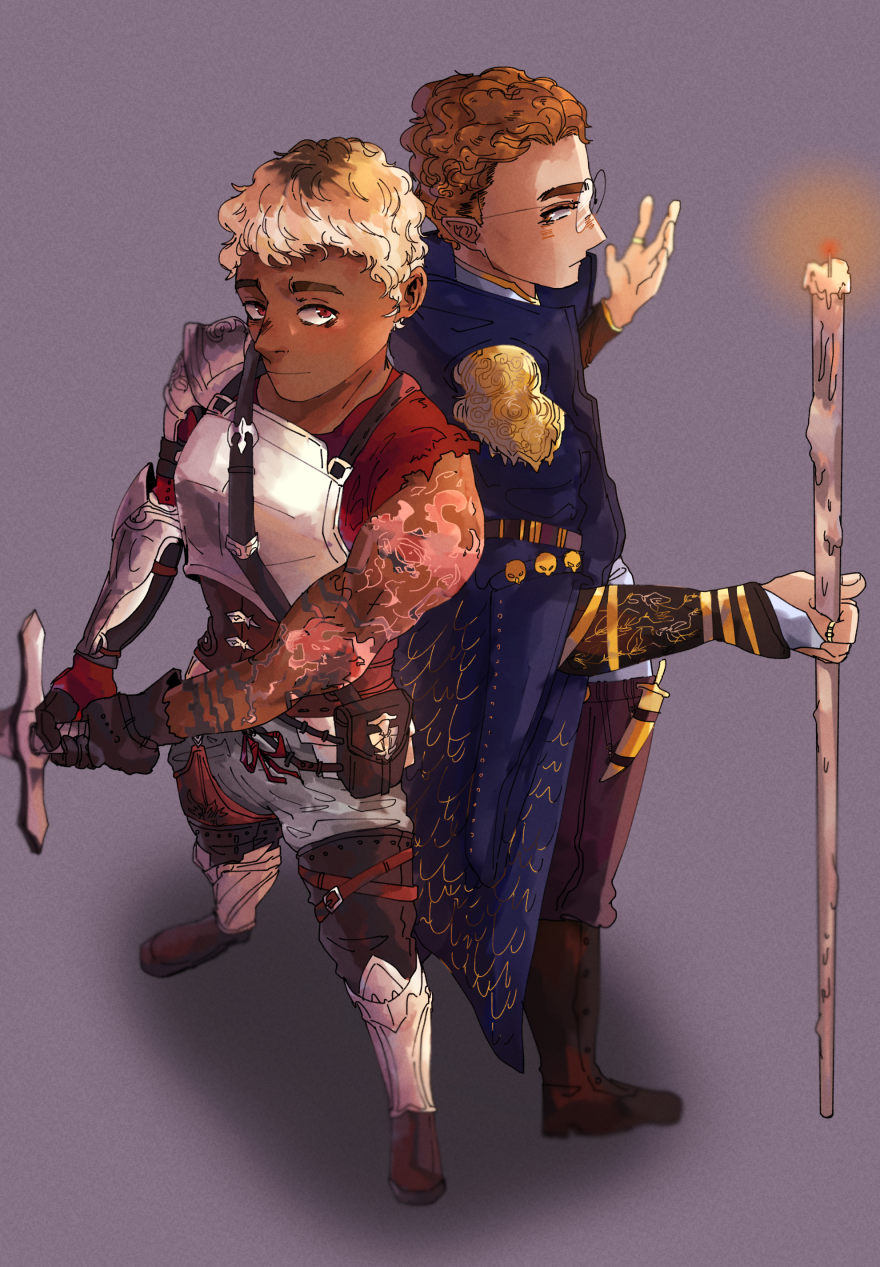 Two men stand back to back clad in fantasy clothing