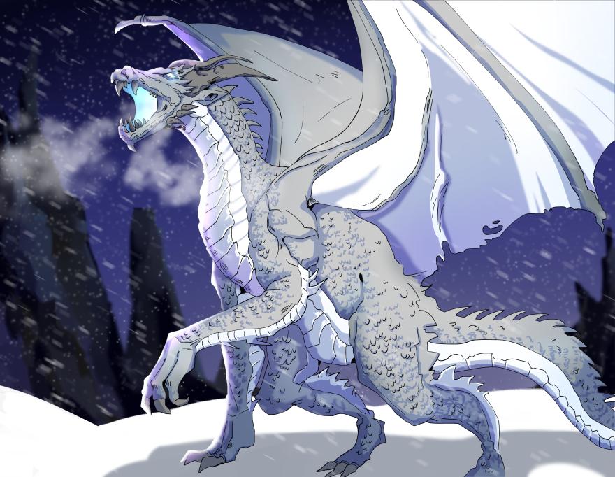 A gray dragon standing in snow