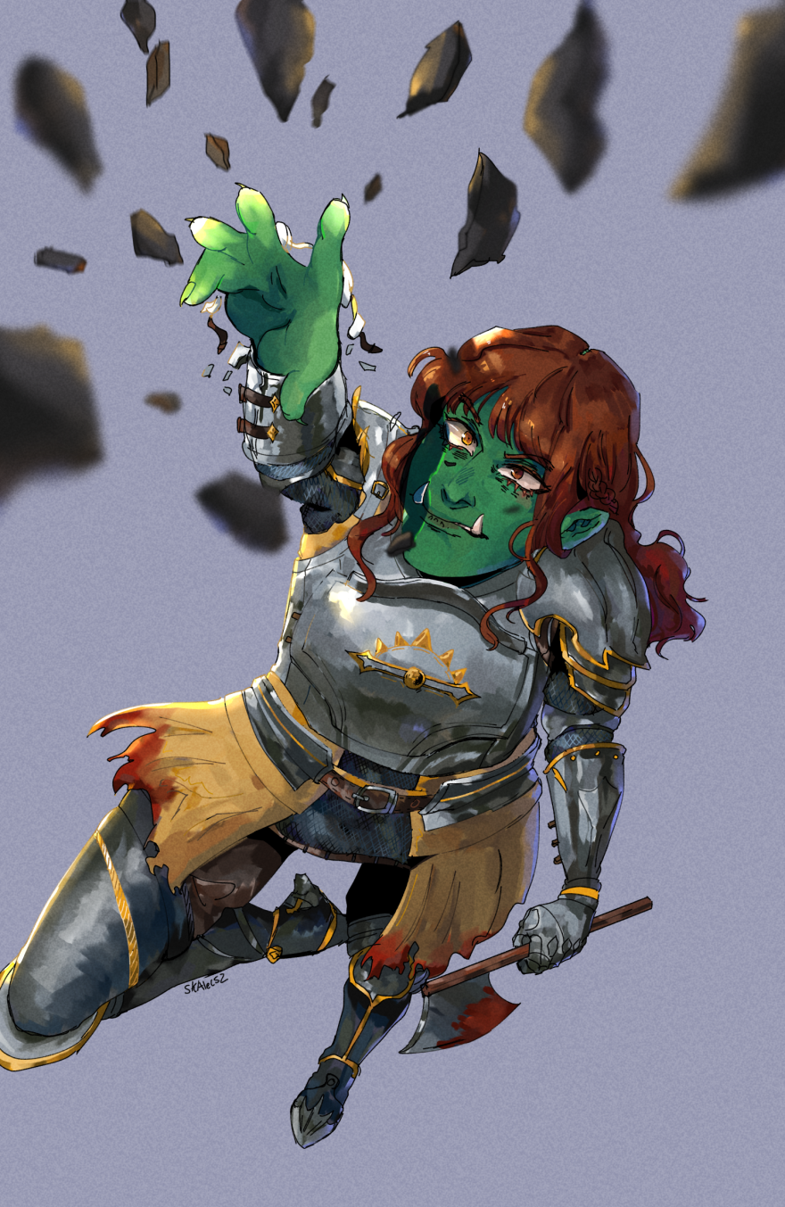A green orc lady in armor reaching toward the viewer