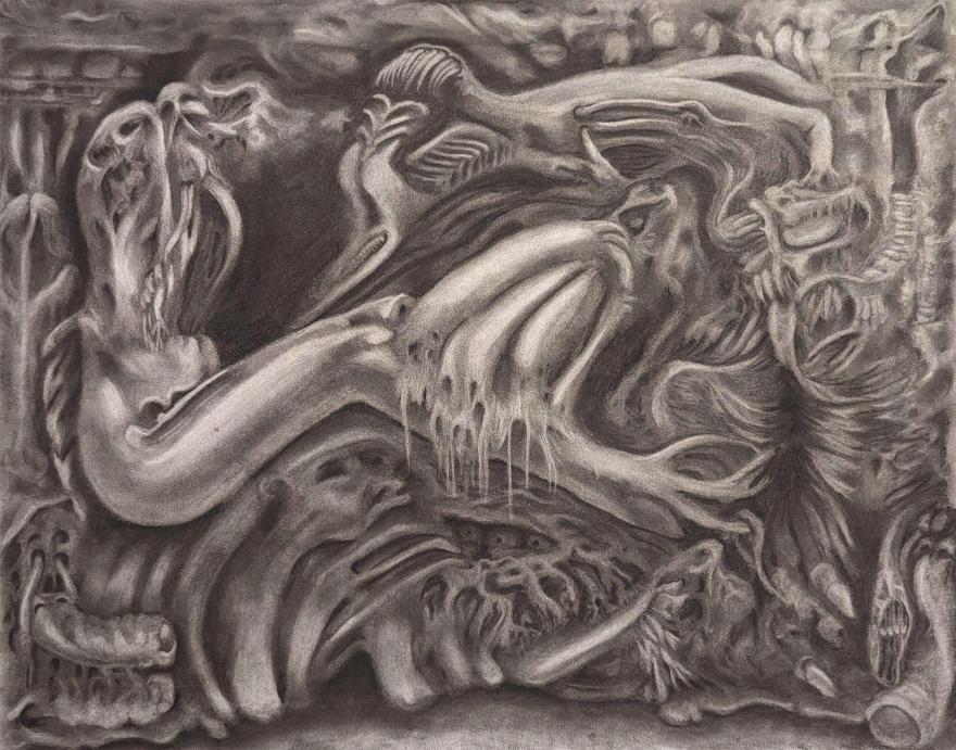 A charcoal render of winding flesh